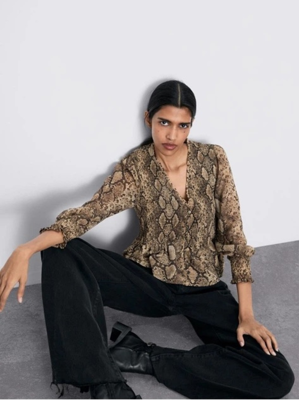 Zara Snakeskin Smocked Blouse Small